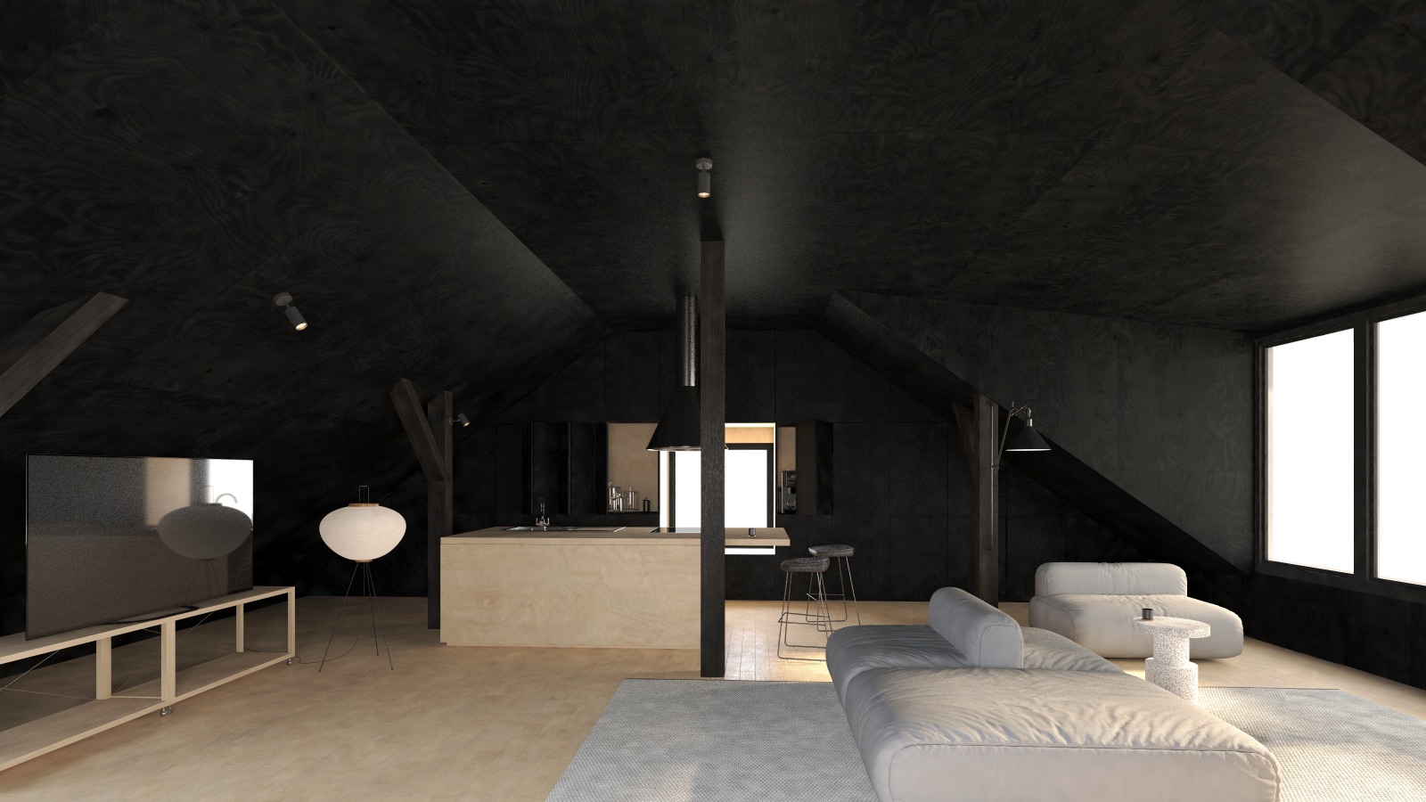 An attic flat concept lined in near-black timber: dark sloped ceilings, a pale wood kitchen island glowing in the middle, low grey sofas.