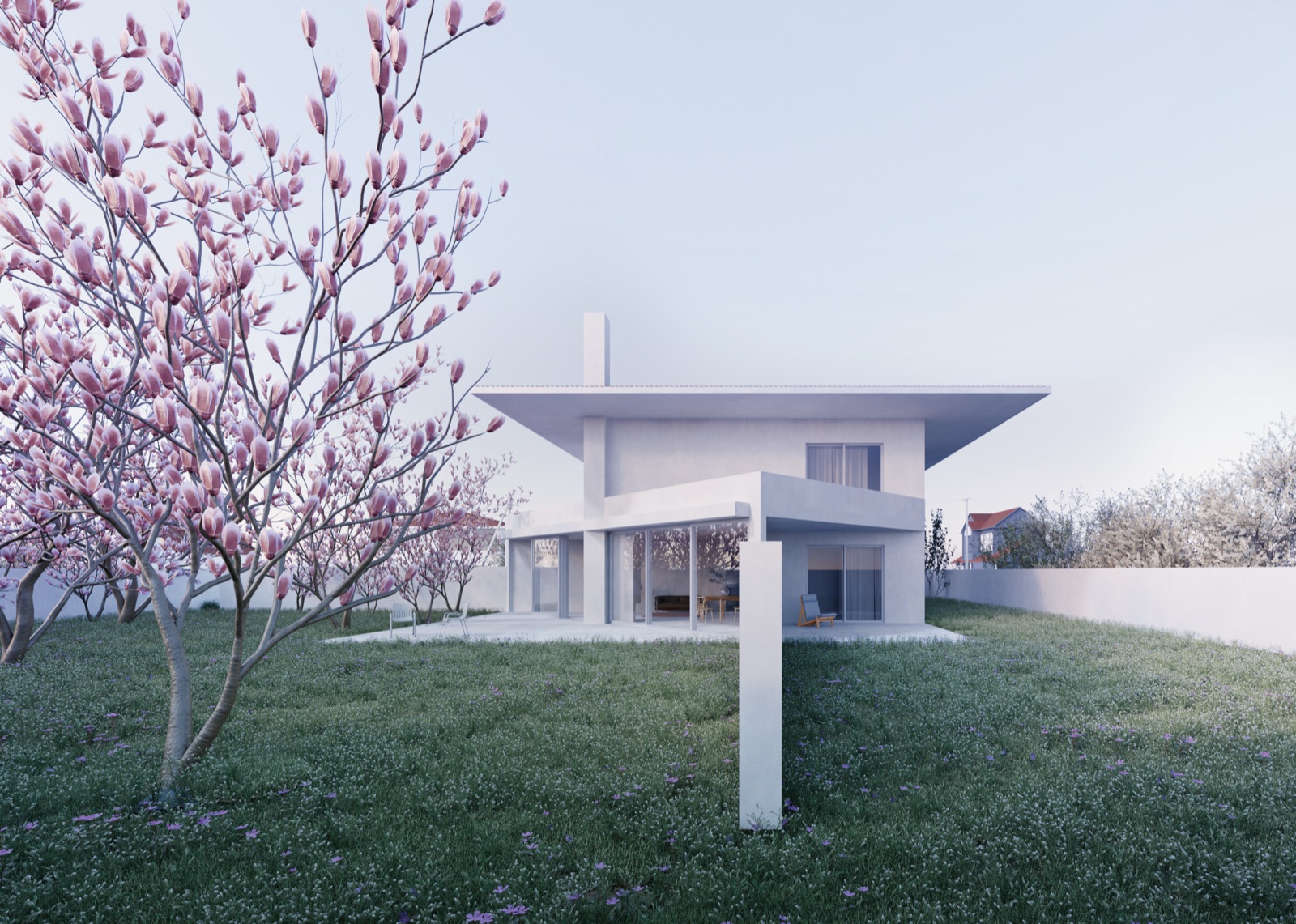 A pale two-storey house with a wide floating roof, seen across a meadow garden with a magnolia tree in full bloom.