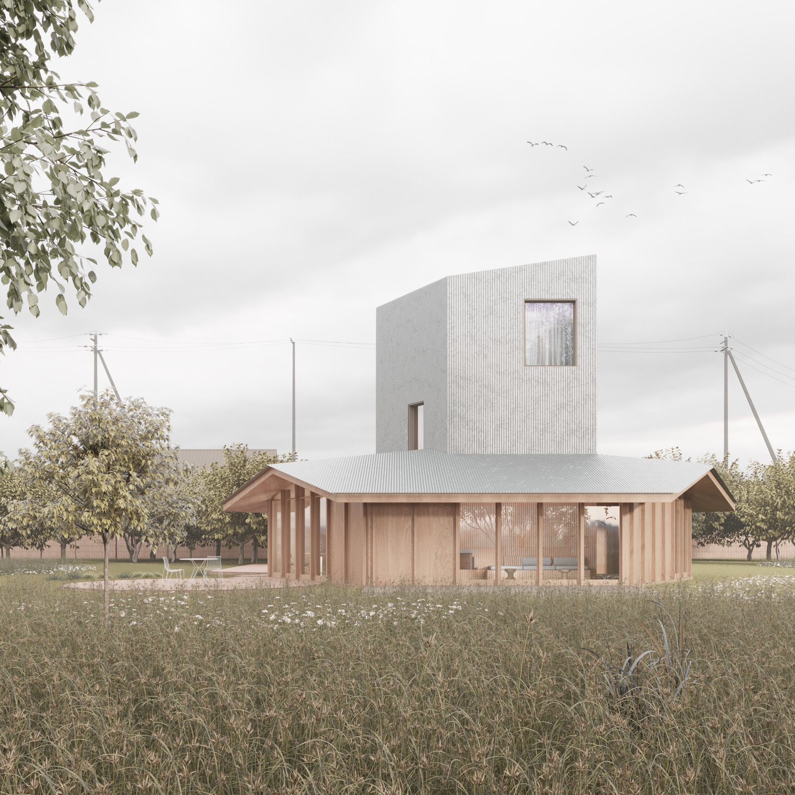 A timber house cantilevered over a misty hillside at first light, with a long deck and warm light inside the glazed corner.
