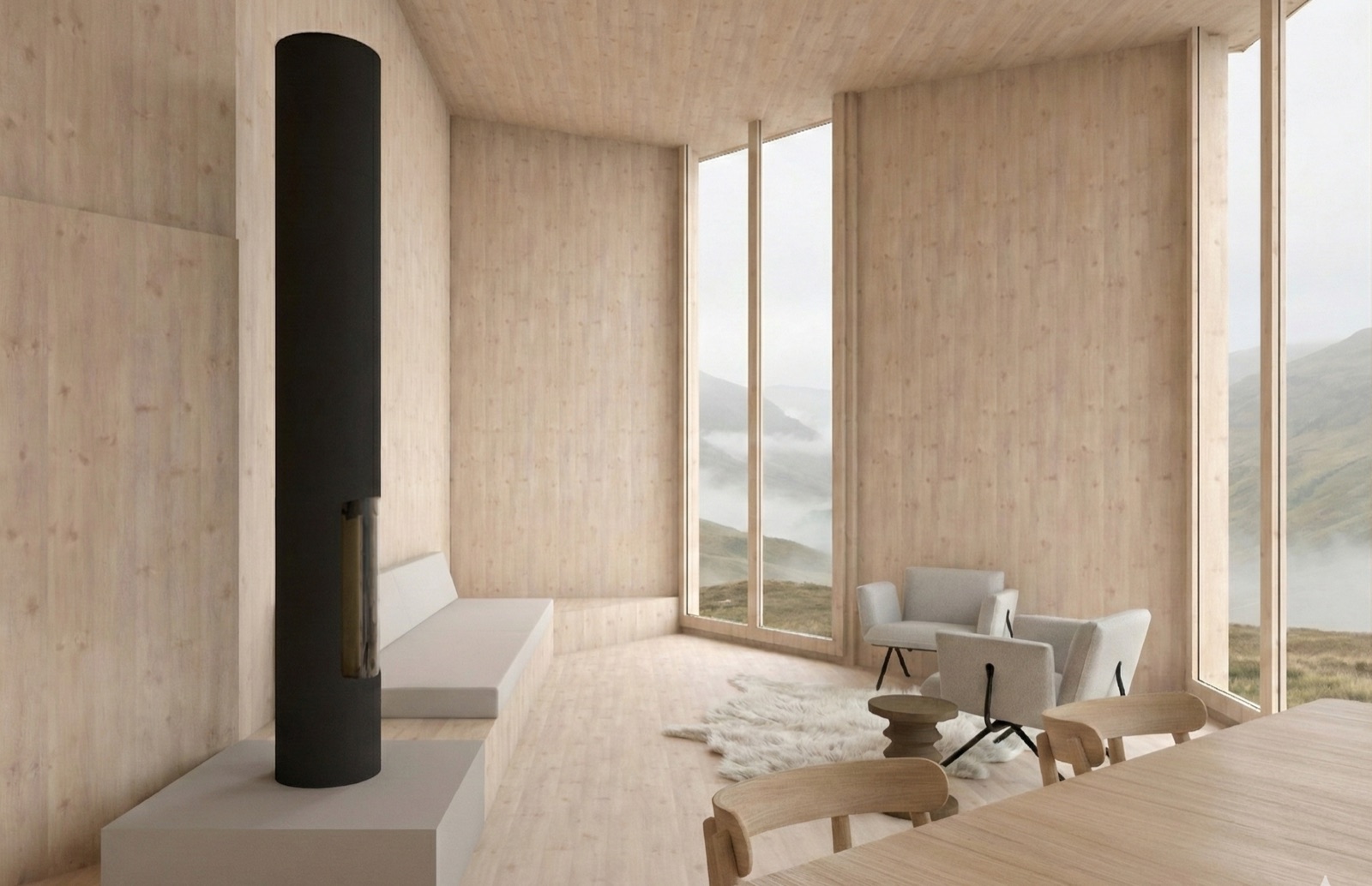 A corner of the timber house with a tall black fireplace, a built-in bench and mist drifting past the floor-to-ceiling windows.