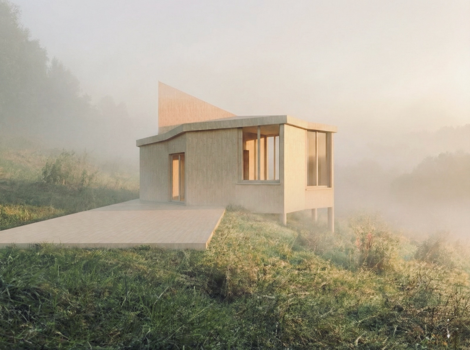 A small timber house on a foggy hillside at dawn, warm light in its tall windows, a wooden terrace reaching into the grass.